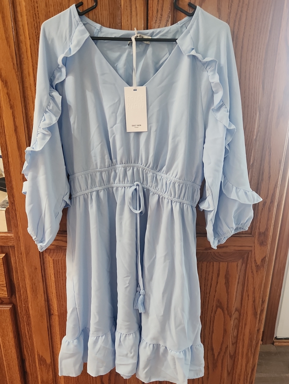 Grace Karin V-neck mini dress with ruffled accents Lt Blue Large
